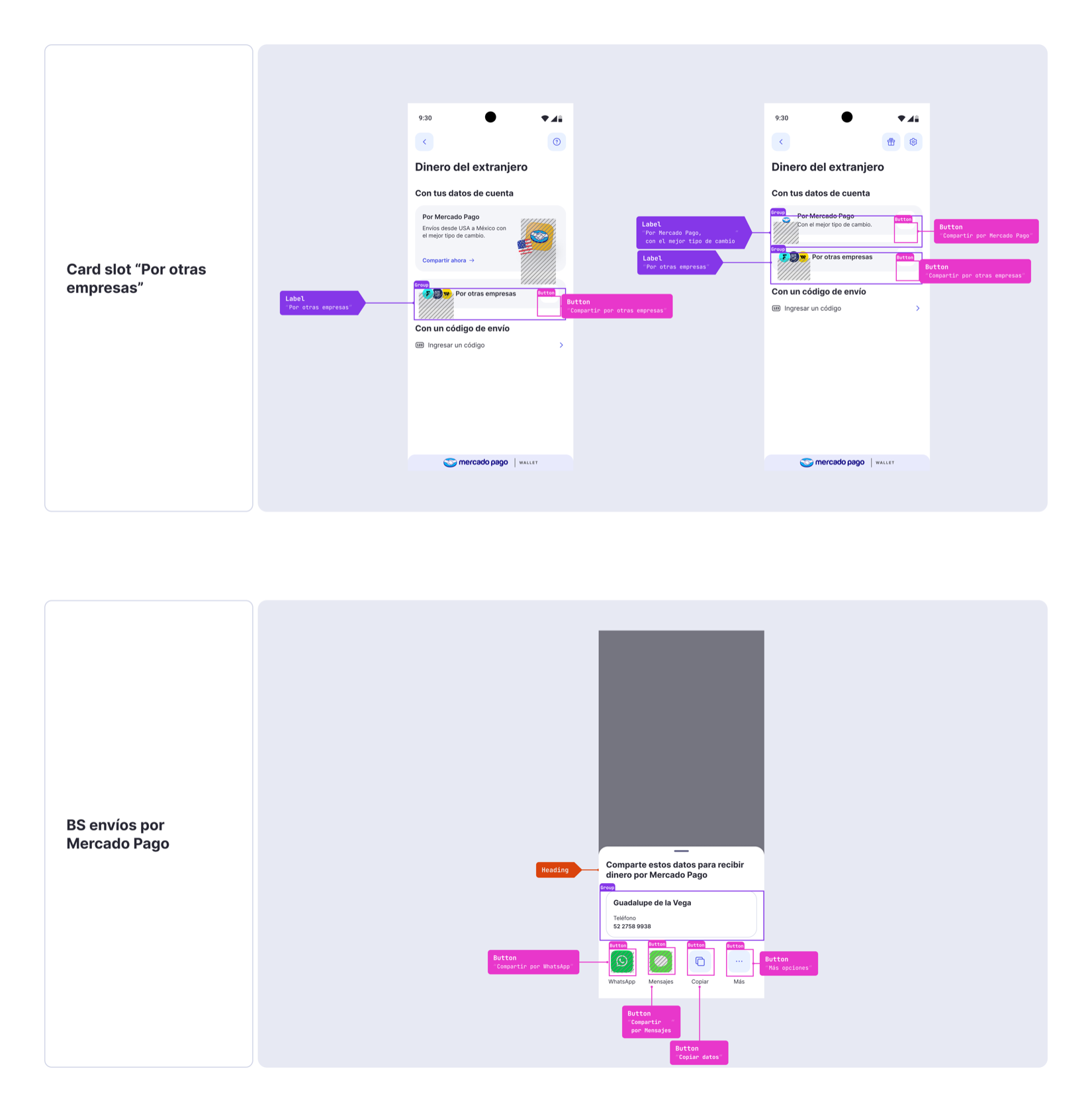 Accessibility documentation — semantic roles annotated on the provider cards and the data-sharing bottom sheet