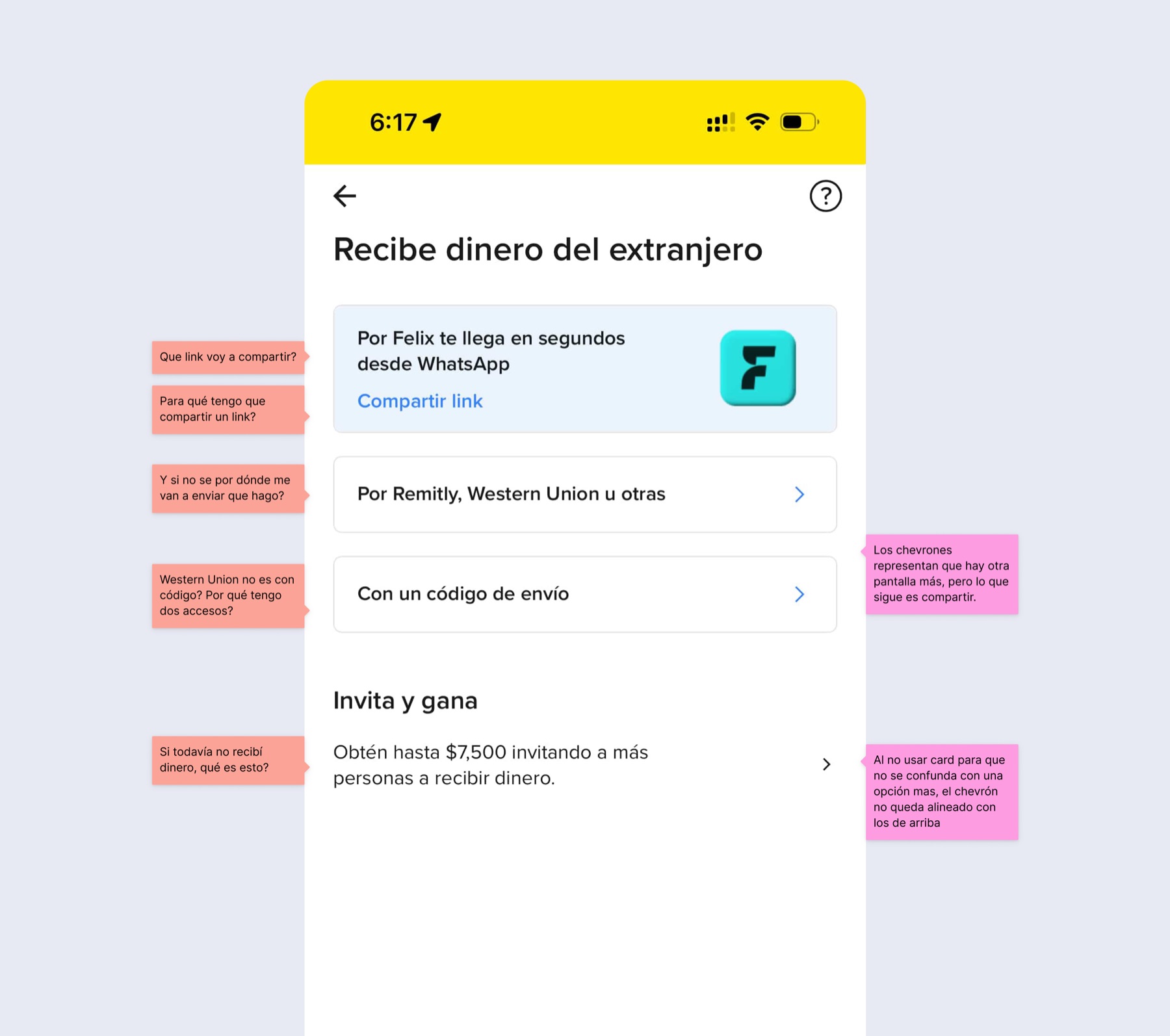 Previous remittances experience — flat provider list with user research annotations