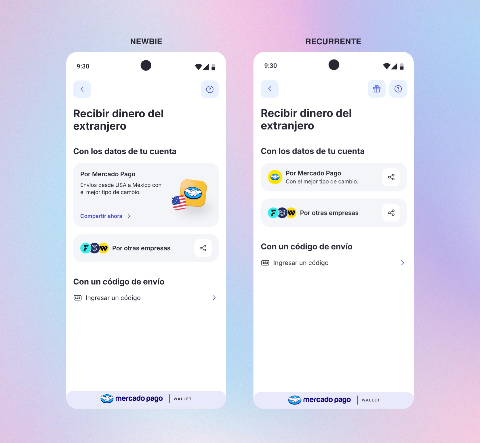 Hub screens — first-time user vs. returning user states