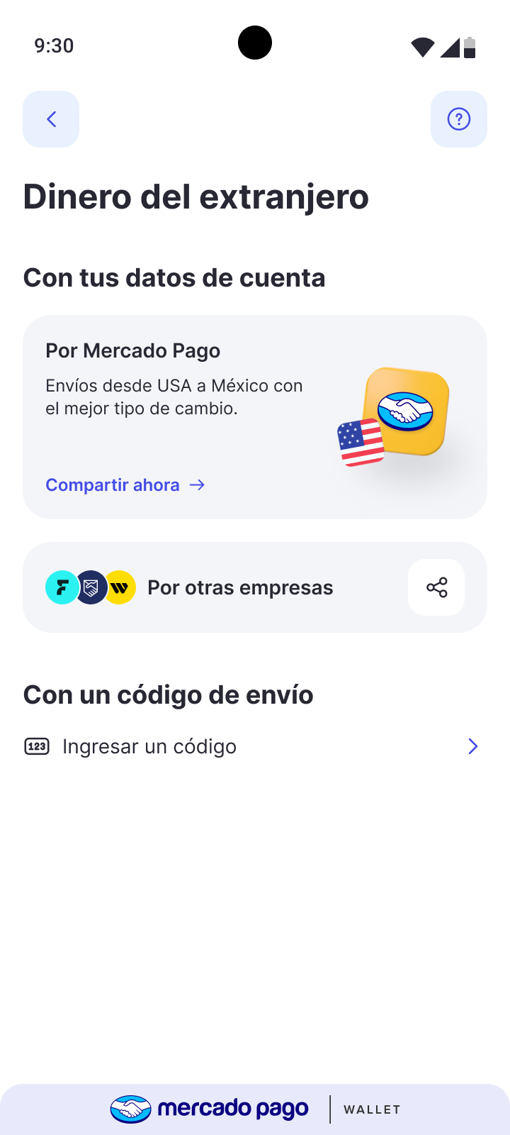Final UI — remittance hub with Mercado Pago and the other providers